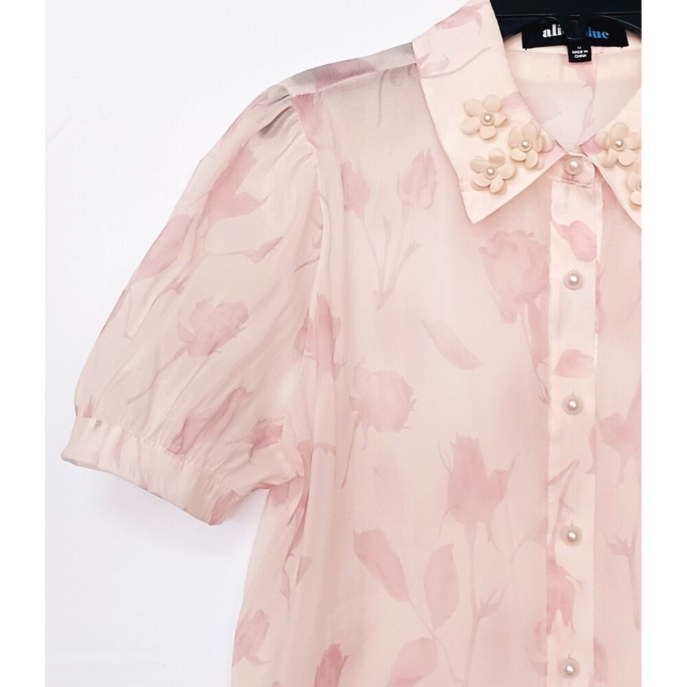 AliceBlue Women’s M Pink Floral Sheer Chiffon Collared Button Puff Sleeve Blouse - Picture 4 of 12
